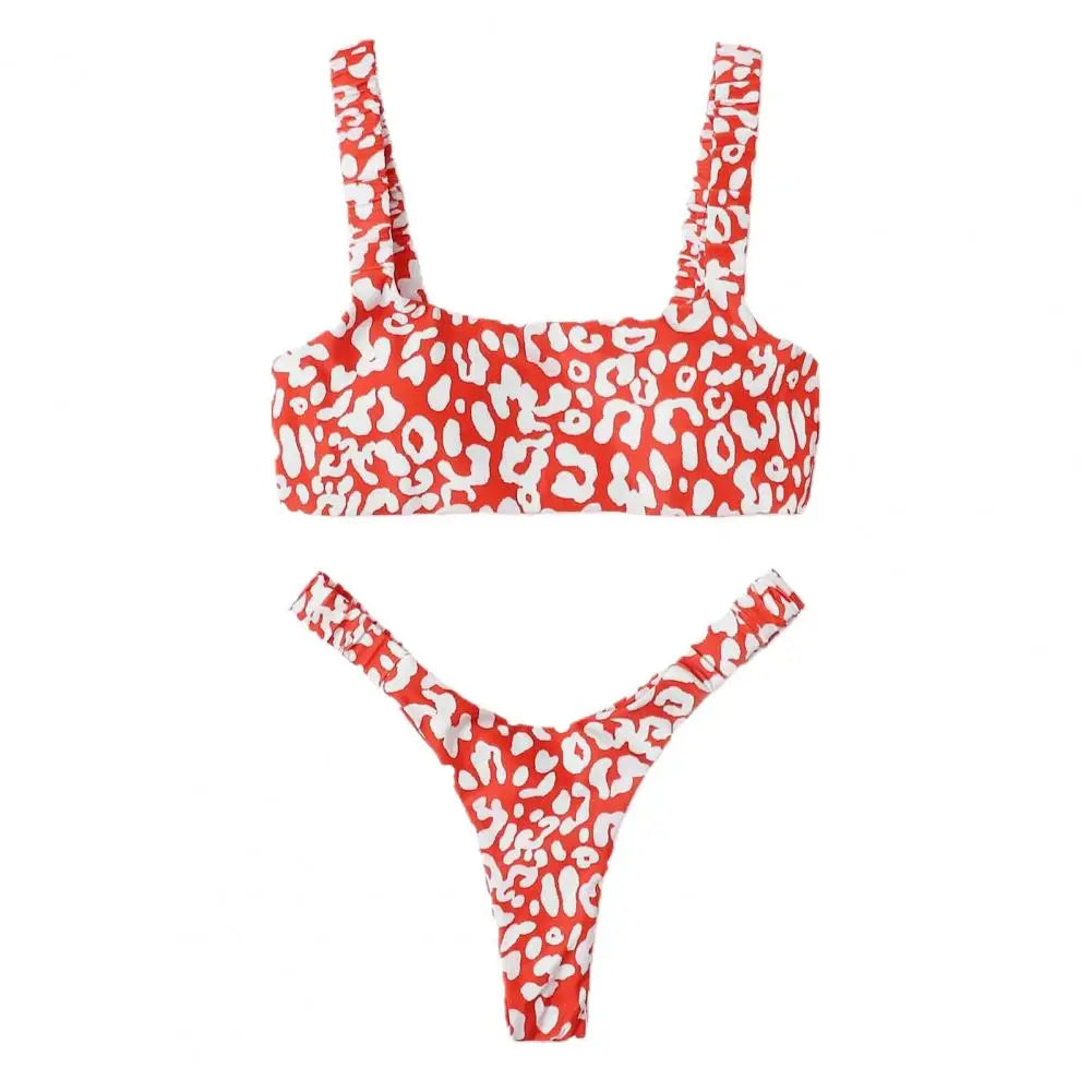 2 Pcs/Set Summer Women Bikini Set Soft Quick Dry Slim Fit Leopard Print Bathing Suit All Match Wireless G-string Lady Swimsuit