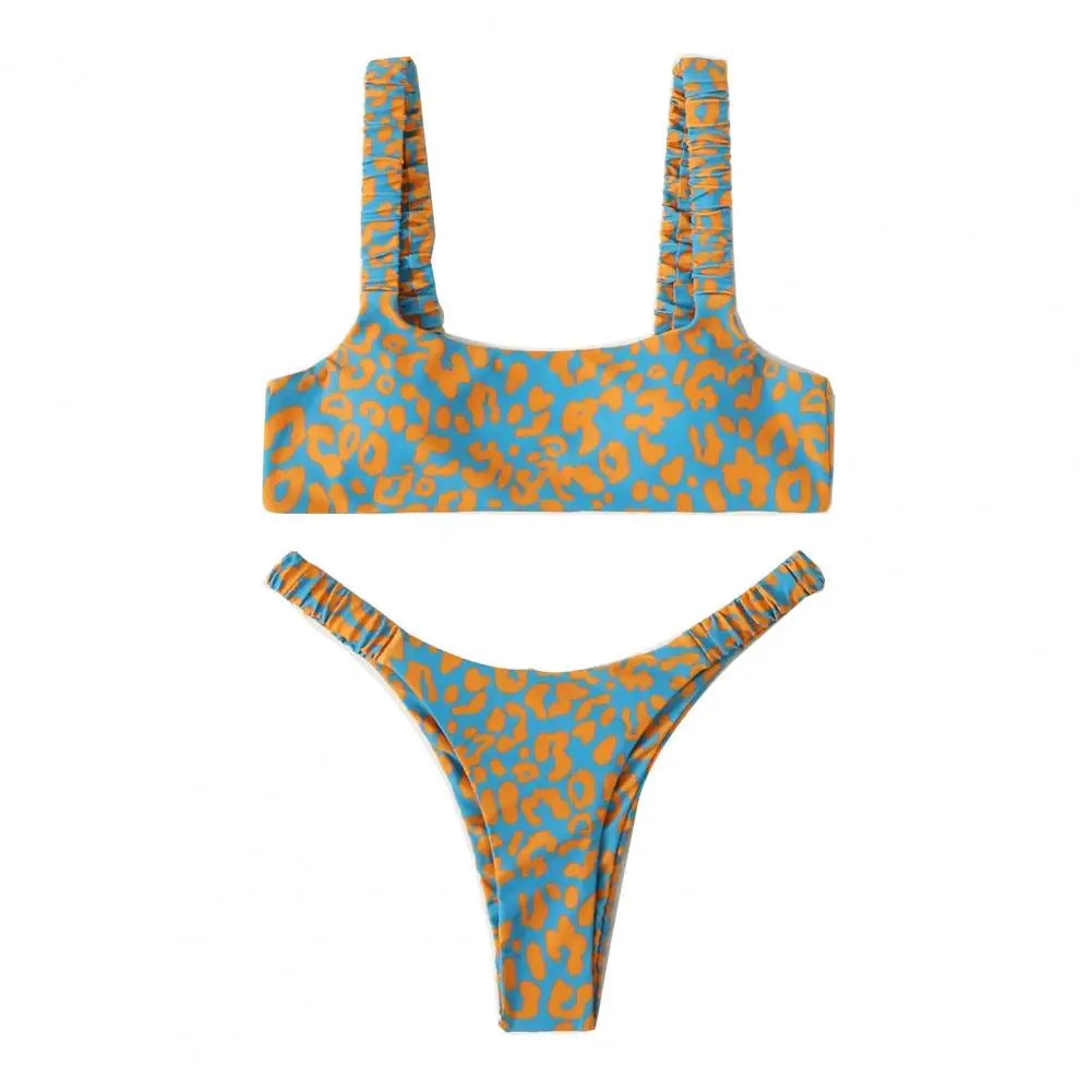 2 Pcs/Set Summer Women Bikini Set Soft Quick Dry Slim Fit Leopard Print Bathing Suit All Match Wireless G-string Lady Swimsuit