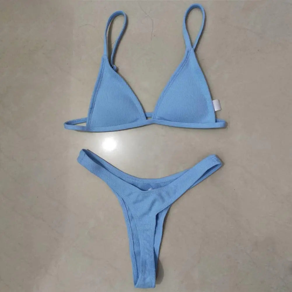 2 Pcs/Set Women Bikini Set Deep V Neck Padded Backless Adjustable Straps Quick Dry Swimming Three-point G-string Women Swimwear