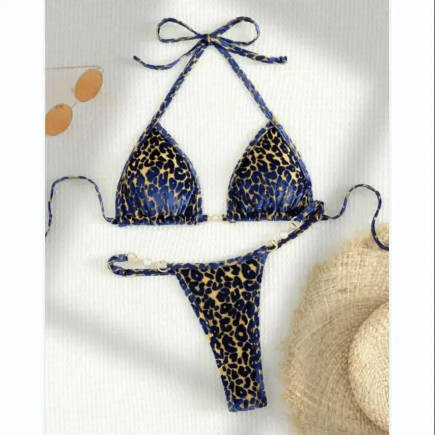 Brazilian Leopard Pearl Bathing Suit Beachwear Thong Two Pieces Set Fabric Halter Neck Swimwear Bikini