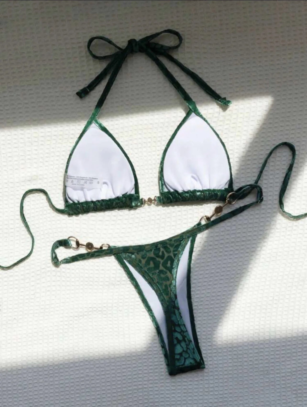 Brazilian Leopard Pearl Bathing Suit Beachwear Thong Two Pieces Set Fabric Halter Neck Swimwear Bikini