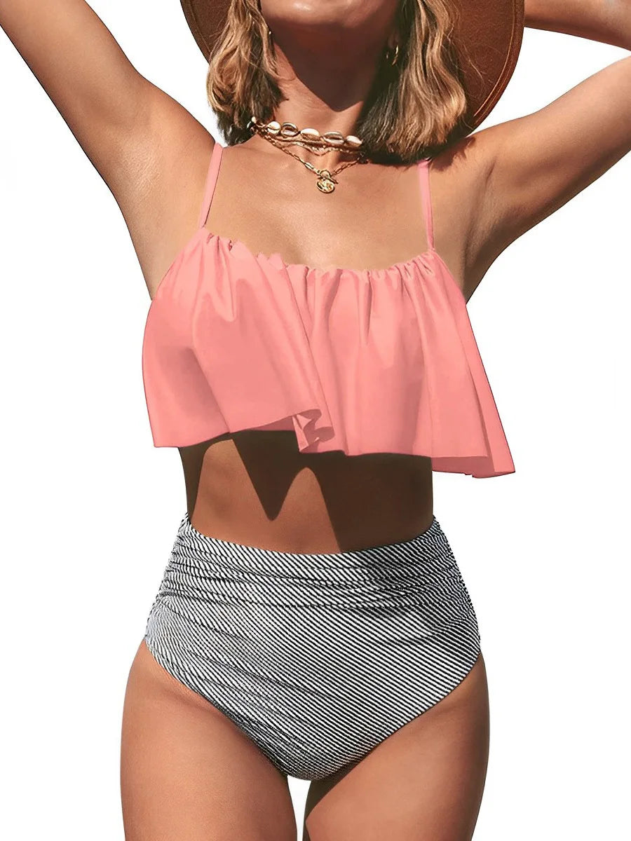 Bikini Set Ruffled Top Stripe Bottom Swimsuit Sexy Bikinis High Waisted Beachwear Bathing Suit