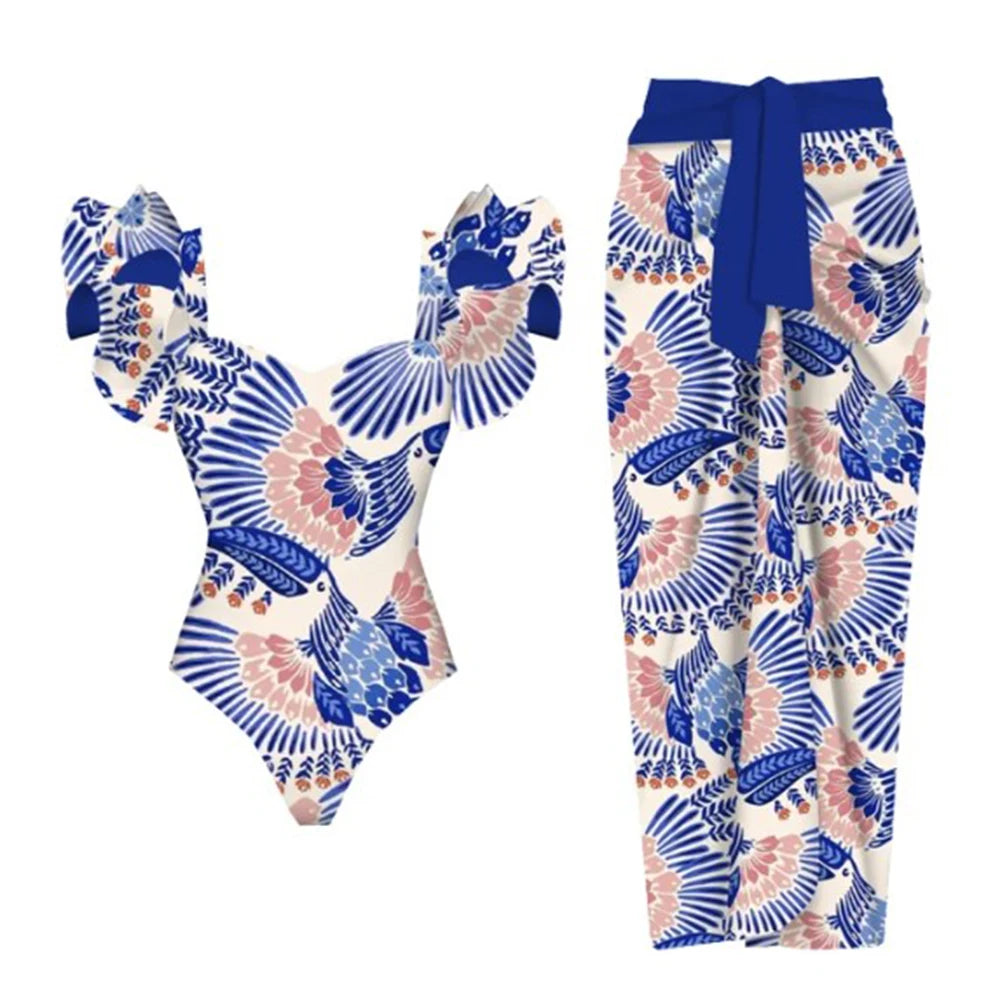 Sexy Ruffle Bikini Set Printed Brazilian Biquini Swimwear Skirt Bathing Suit Girls Beachwear Dress