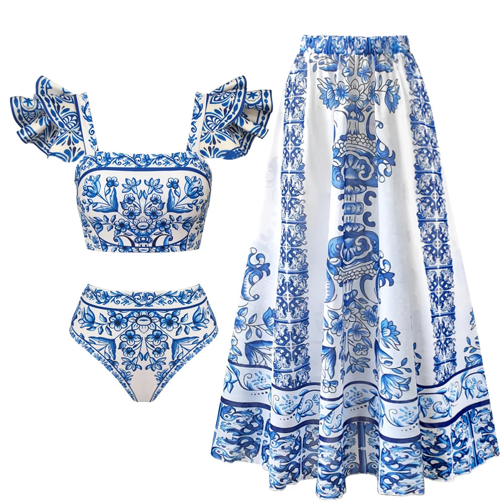 Sexy Ruffle Bikini Set Printed Brazilian Biquini Swimwear Skirt Bathing Suit Girls Beachwear Dress