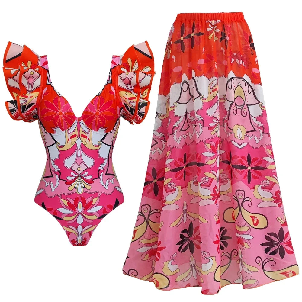 Sexy Ruffle Bikini Set Printed Brazilian Biquini Swimwear Skirt Bathing Suit Girls Beachwear Dress