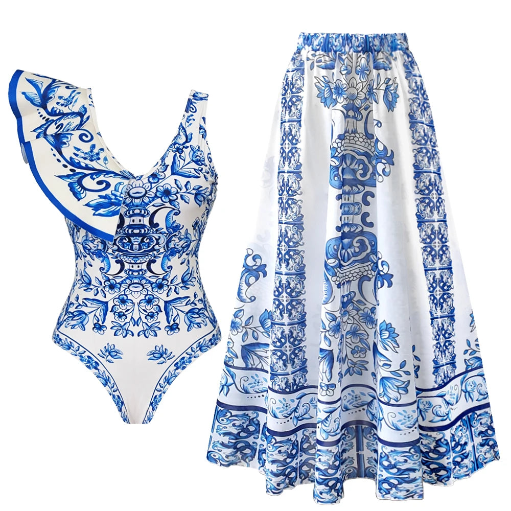 Sexy Ruffle Bikini Set Printed Brazilian Biquini Swimwear Skirt Bathing Suit Girls Beachwear Dress