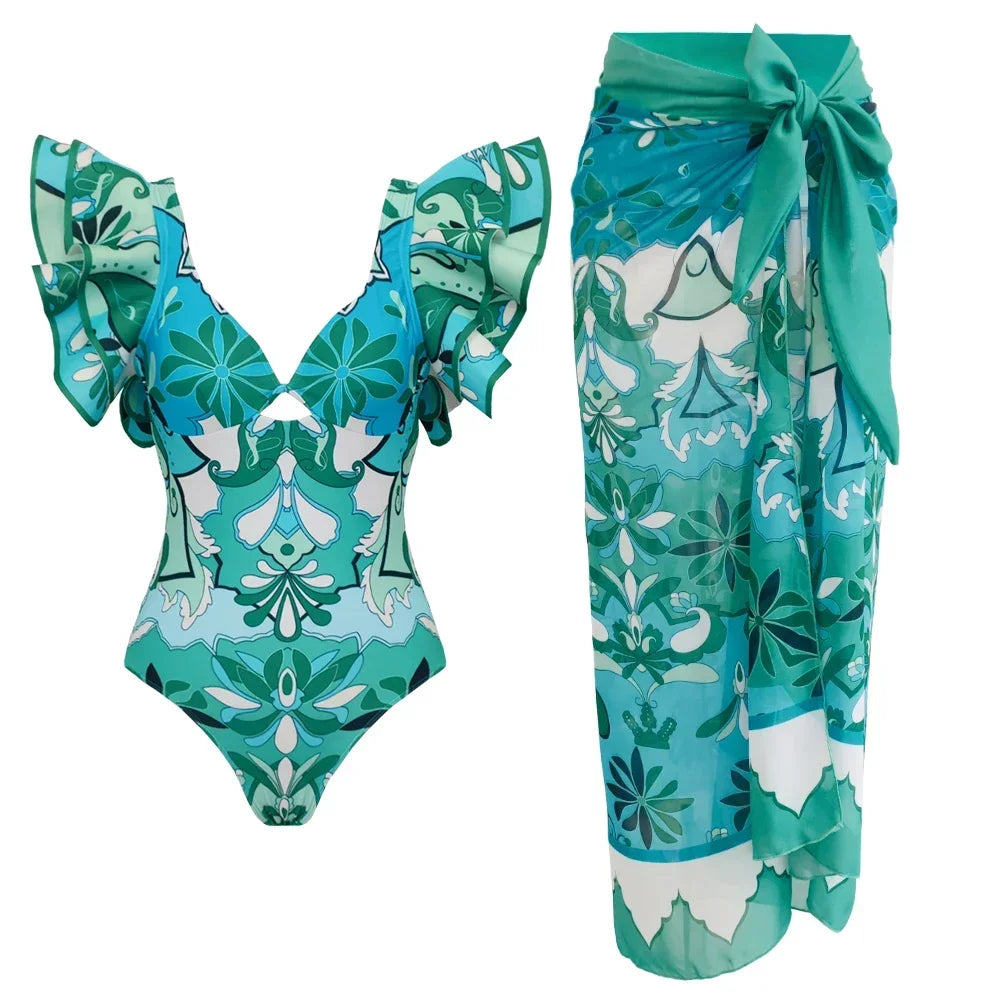 Sexy Ruffle Bikini Set Printed Brazilian Biquini Swimwear Skirt Bathing Suit Girls Beachwear Dress