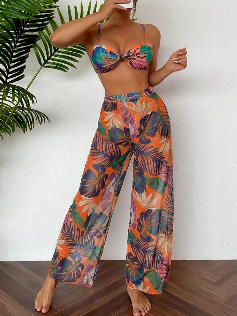 Print Three Piece Bikini With Long Pants Swimsuit Swimwear Bather Bathing Swimming Swim Suit Beachwear