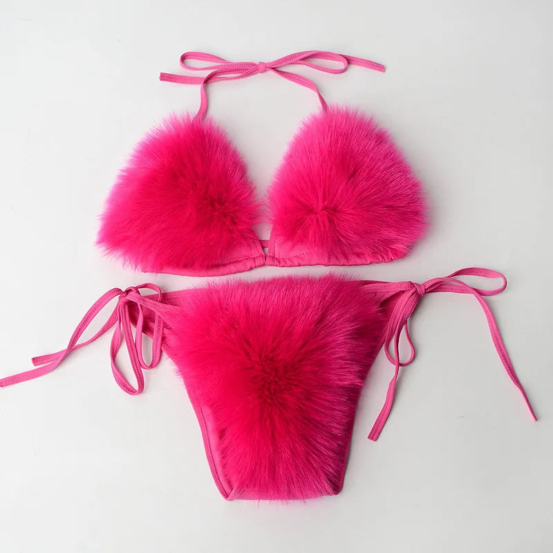 Sexy Swimsuit Micro Fur Bikini Set Push Up Swimwear Thong Brazilian Swimming Bathing Suit