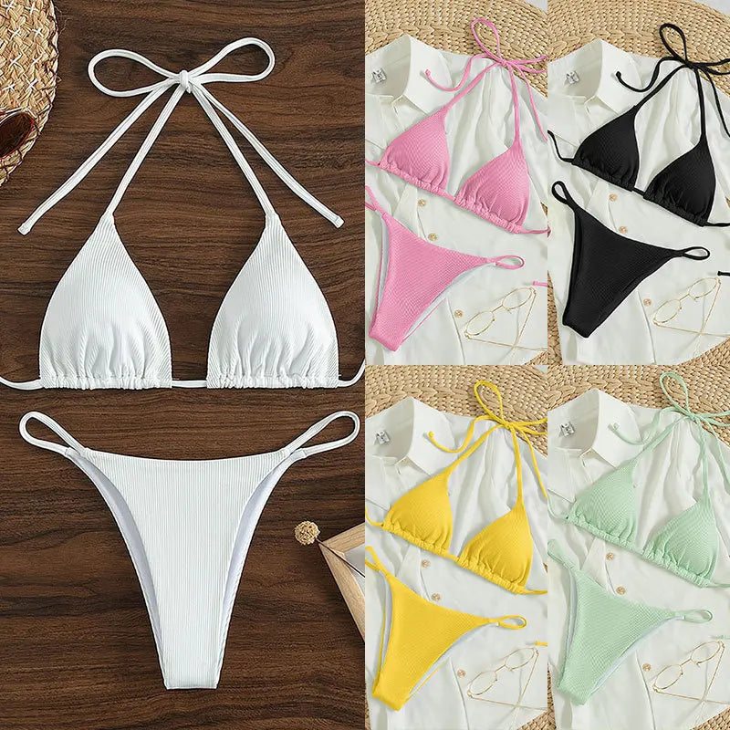 Pit Stripe Fabric Bikini Set Women Sexy Simple Solid Halter Bikini Swimsuit High Waisted Lace Up Beach Bathing Suit