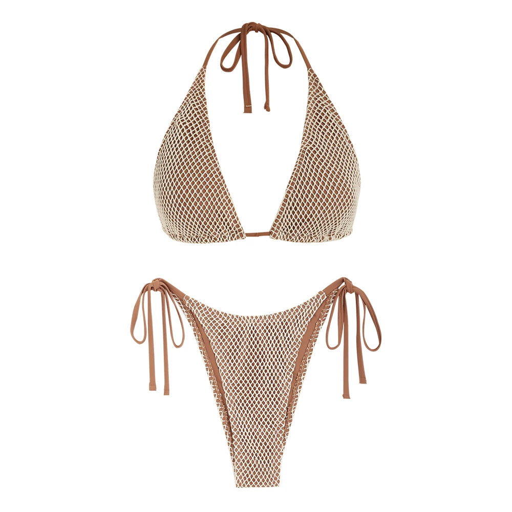 Swimsuit Triangle Swimwear Fishnet Tie Side Two Piece Bikini Set Padded Bikinis Bathing Suits