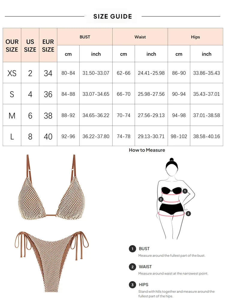 Swimsuit Triangle Swimwear Fishnet Tie Side Two Piece Bikini Set Padded Bikinis Bathing Suits