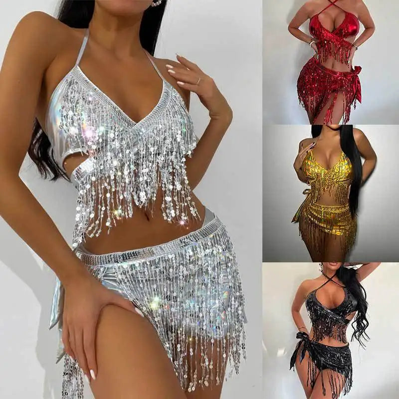 split swimming costume three-piece glitter cloth sexy fringe bikini bikini in stock Sexy Swimwear