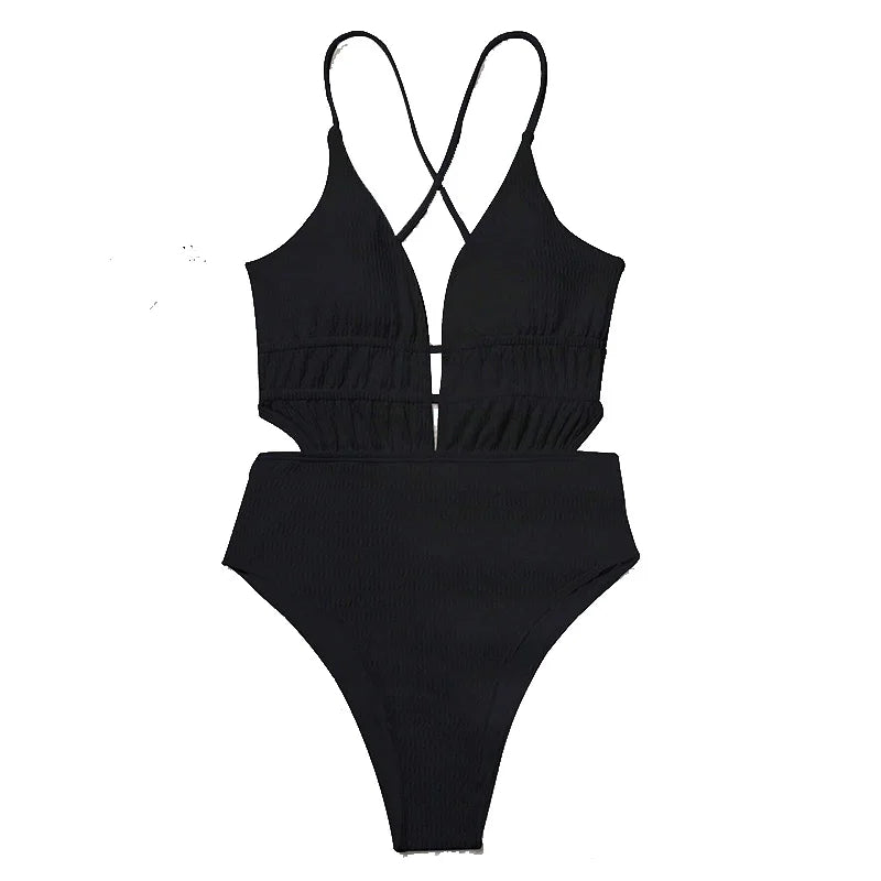 Solid Deep V Neck One Piece Swimsuit Hollow Out Pleate Swimwear Beach Bathing Suit