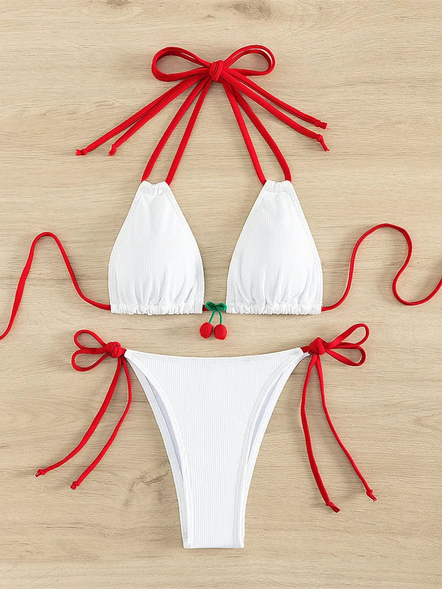 Sexy White Contrast Push Up Micro Swimsuit Brazilian Bandage Bathing Suit Thong Swimwear