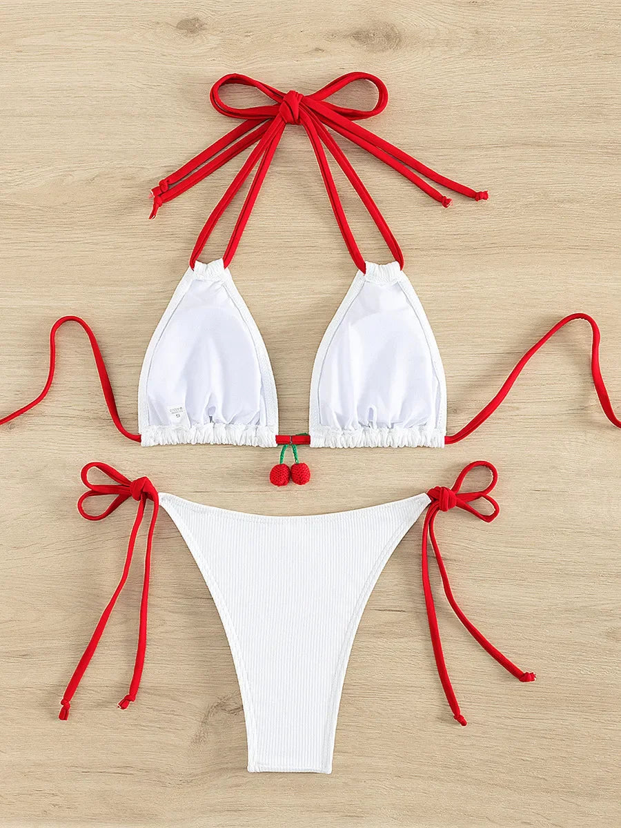 Sexy White Contrast Push Up Micro Swimsuit Brazilian Bandage Bathing Suit Thong Swimwear