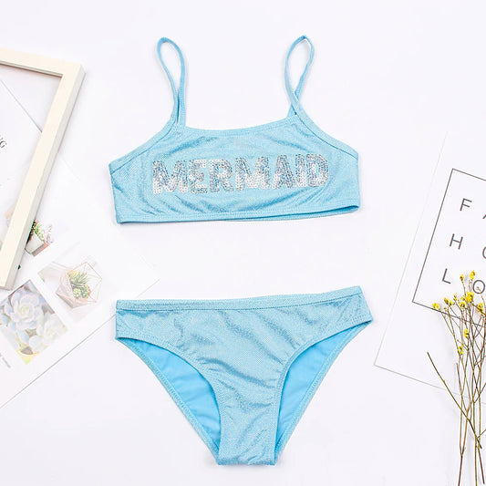 3-8 Years Solid Shinning Kids Girls Bikini Set Summer Beach Letter Embroidery Child Baby Kids Swimwear Swimsuit Biquini Infantil