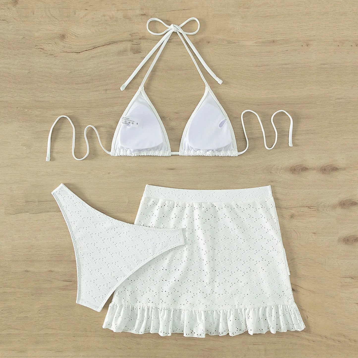 3 Pieces Bikini Set Hollow Out Biquini White Halter Push Up Skirt Swimsuit Ruffles Bathing Suit High Waist Swimwear