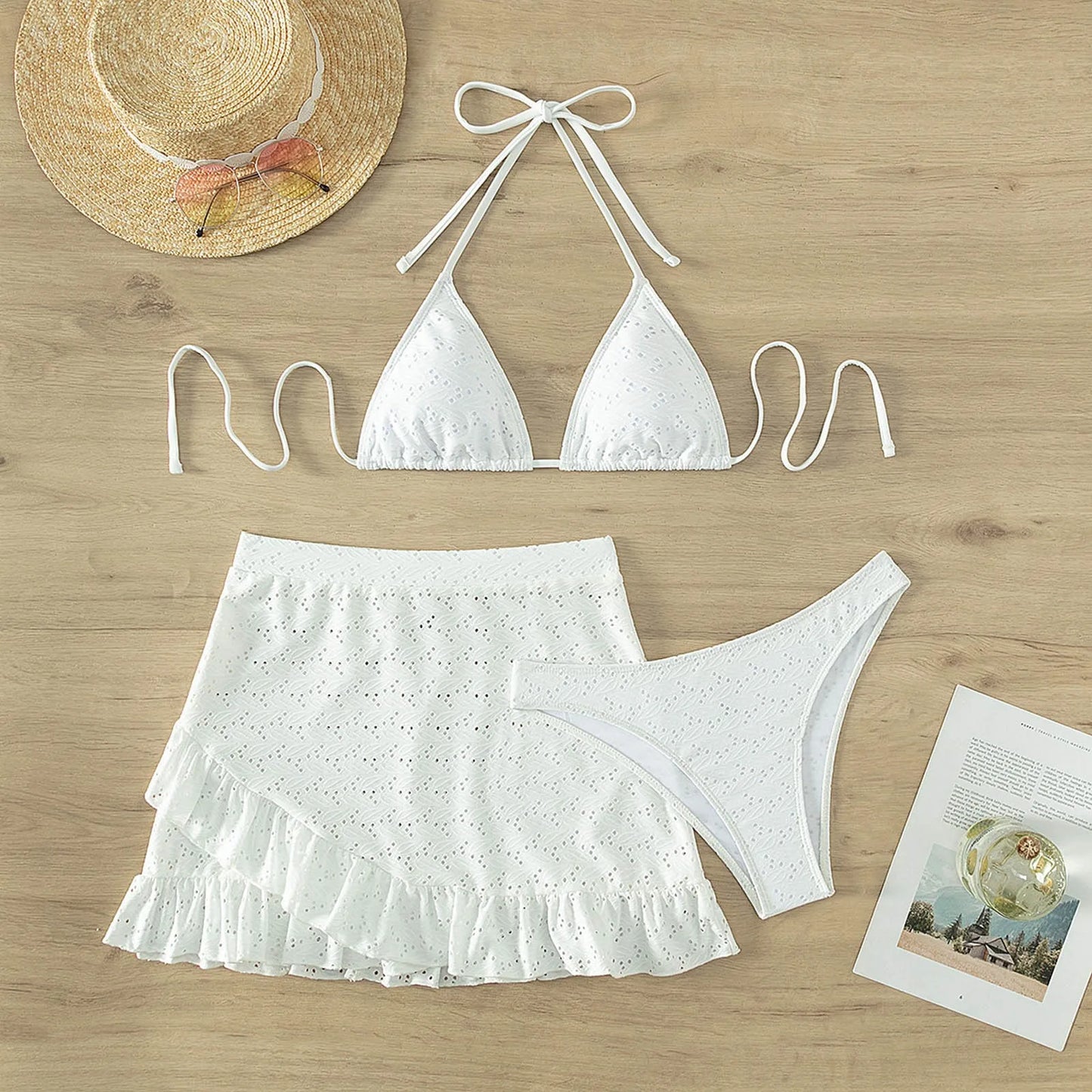 3 Pieces Bikini Set Hollow Out Biquini White Halter Push Up Skirt Swimsuit Ruffles Bathing Suit High Waist Swimwear