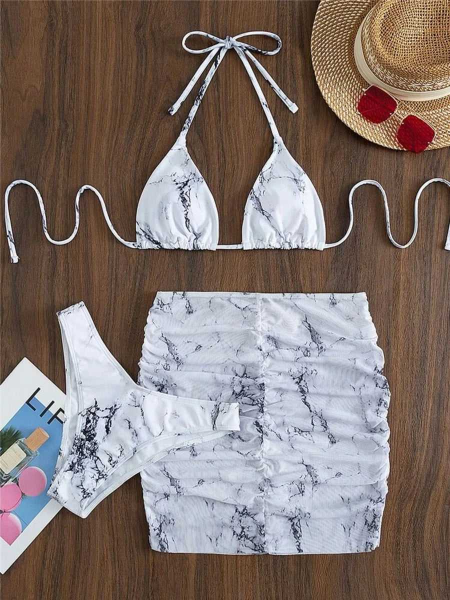 3 Pieces Thong Bikini Set With Skirt Marble texture Bathing Suit Swimsuit Set Swimwear Beach Wear Swimming