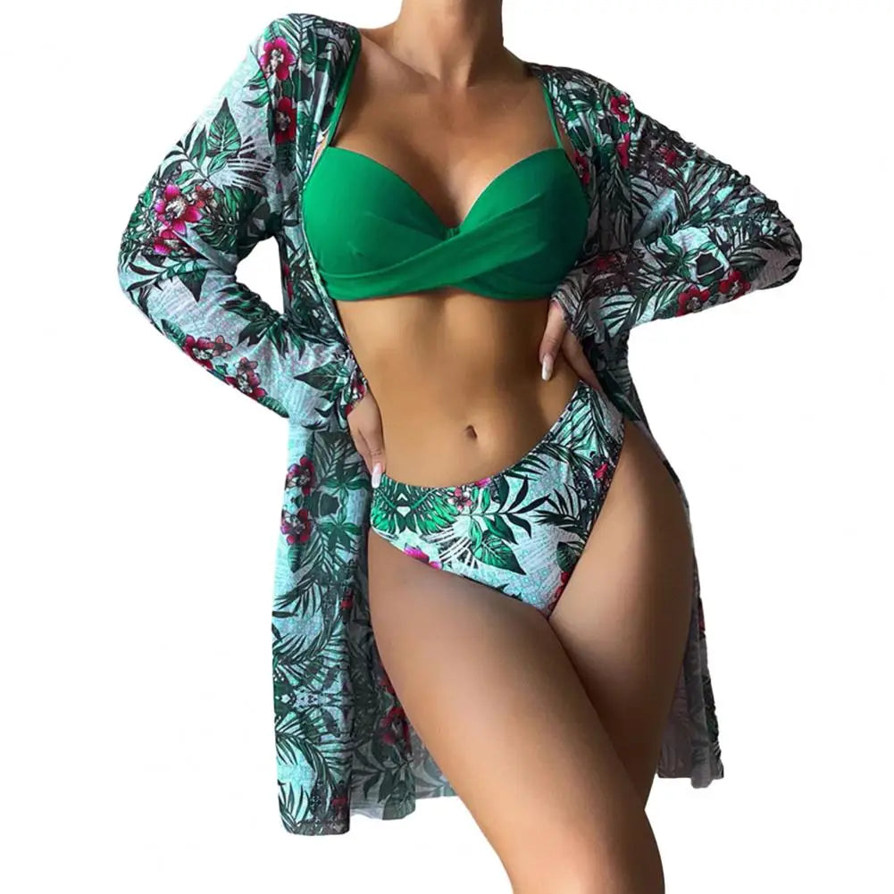 3Pcs/Set Bikini Set Sling Bra High Waist Swimming Briefs Floral Print Cover-up Set Summer Beachwear Bathing Suit