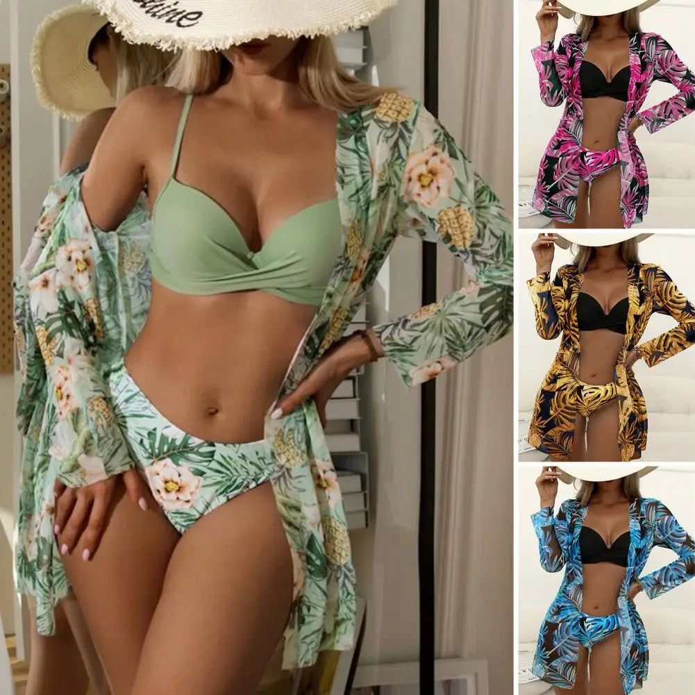 3Pcs/Set Bikini Set Sling Bra High Waist Swimming Briefs Floral Print Cover-up Set Summer Beachwear Bathing Suit