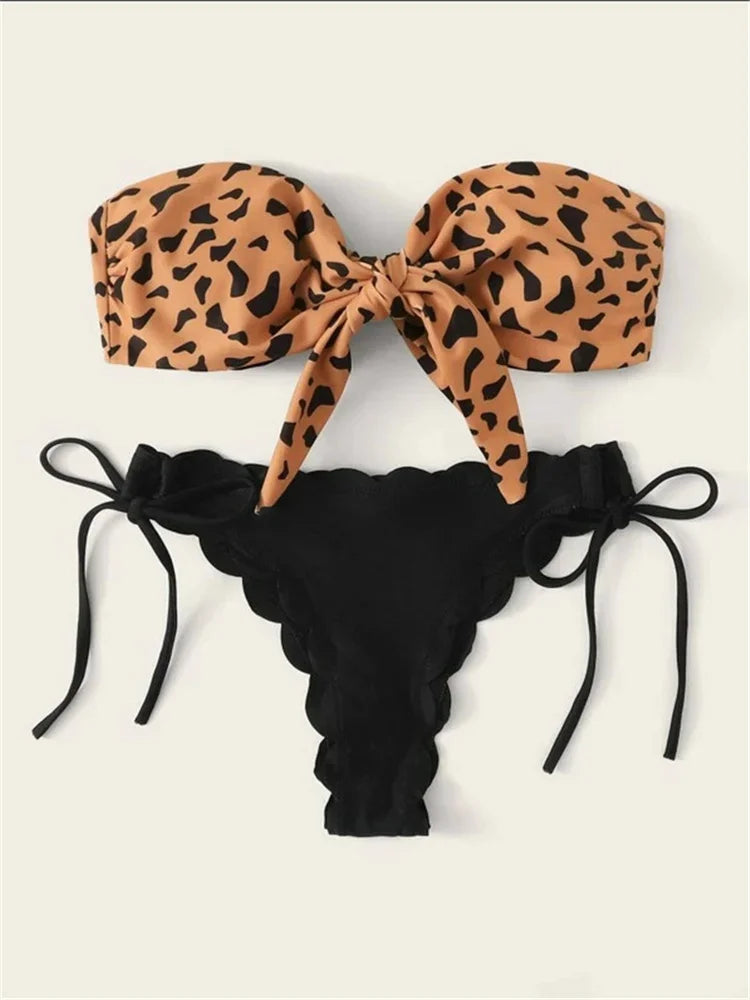 Beach Bikini Sexy Front Lace Up Tie Bandeau Leopard Swimsuit Push Up Ruffled Bow Bathing Suit Thong Swimwear