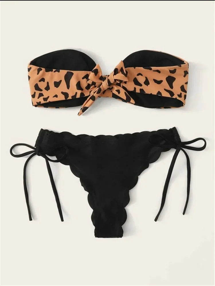 Beach Bikini Sexy Front Lace Up Tie Bandeau Leopard Swimsuit Push Up Ruffled Bow Bathing Suit Thong Swimwear