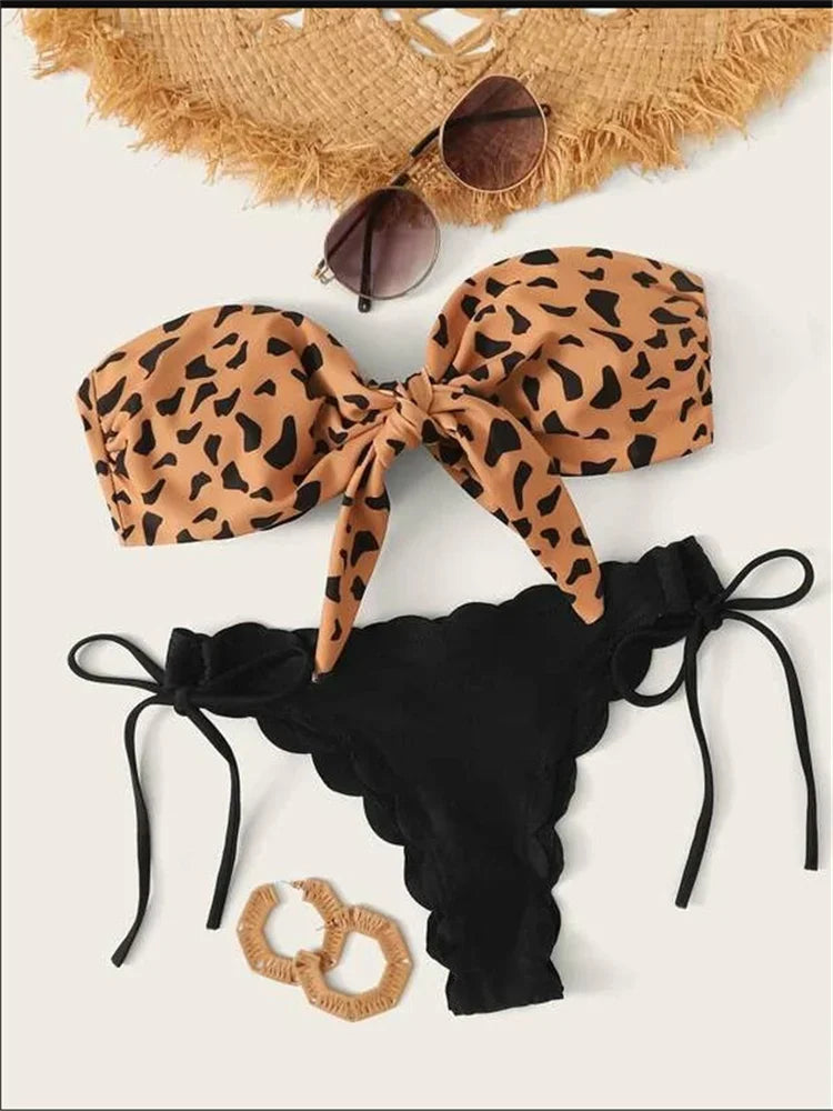 Beach Bikini Sexy Front Lace Up Tie Bandeau Leopard Swimsuit Push Up Ruffled Bow Bathing Suit Thong Swimwear