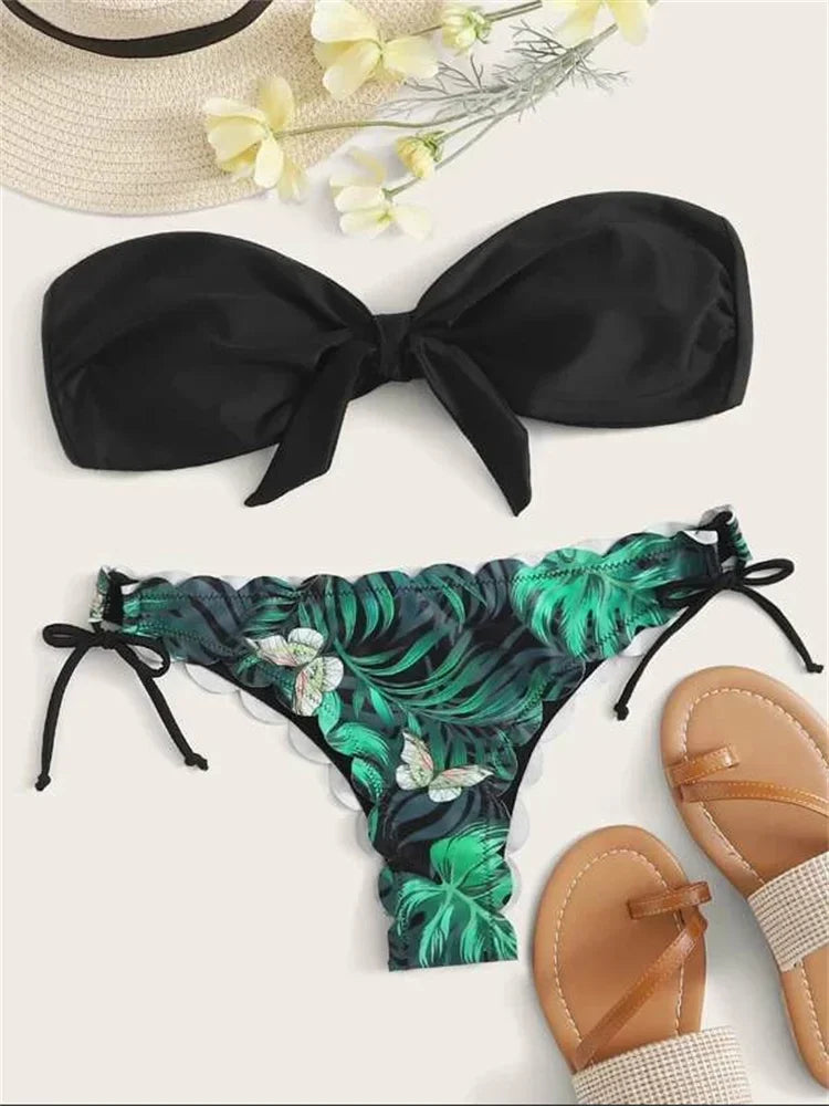 Beach Bikini Sexy Front Lace Up Tie Bandeau Leopard Swimsuit Push Up Ruffled Bow Bathing Suit Thong Swimwear