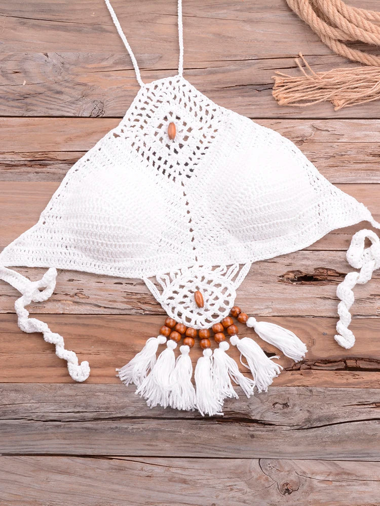 Bikini knitting Swimsuit Crochet Bikini Bohemia Style Off Shoulder High Neck Bathing Beach Bikinis Handmade Crochet Bikini