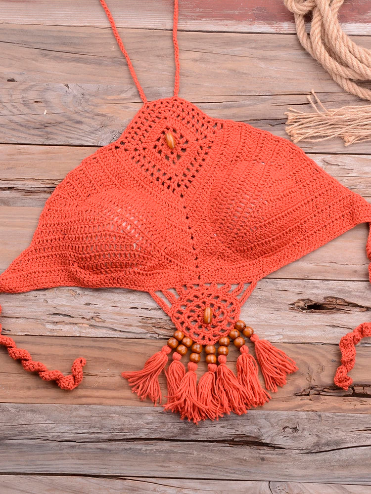 Bikini knitting Swimsuit Crochet Bikini Bohemia Style Off Shoulder High Neck Bathing Beach Bikinis Handmade Crochet Bikini