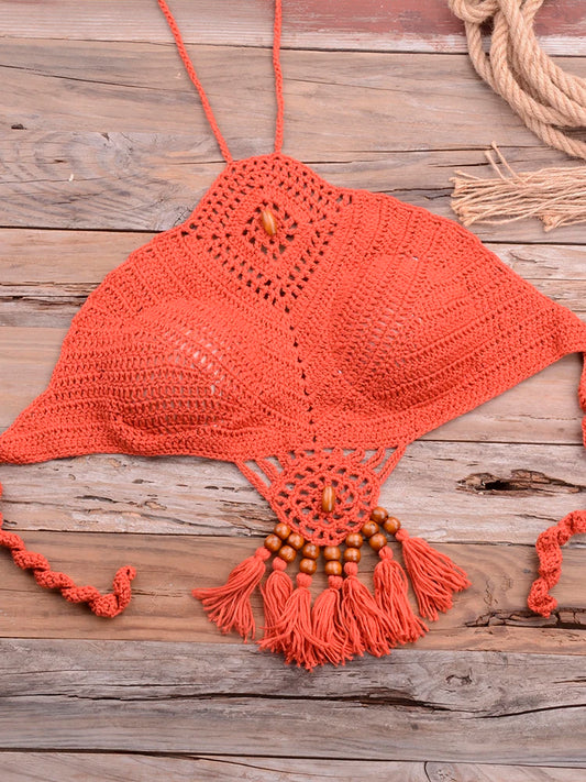 Bikini knitting Swimsuit Crochet Bikini Bohemia Style Off Shoulder High Neck Bathing Beach Bikinis Handmade Crochet Bikini