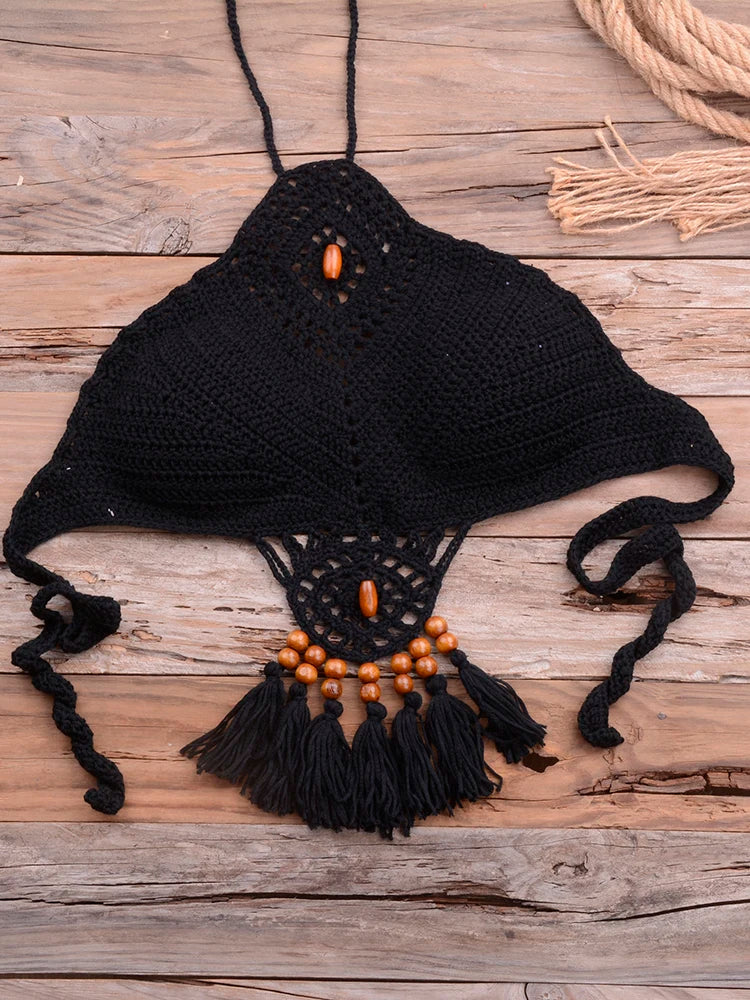 Bikini knitting Swimsuit Crochet Bikini Bohemia Style Off Shoulder High Neck Bathing Beach Bikinis Handmade Crochet Bikini