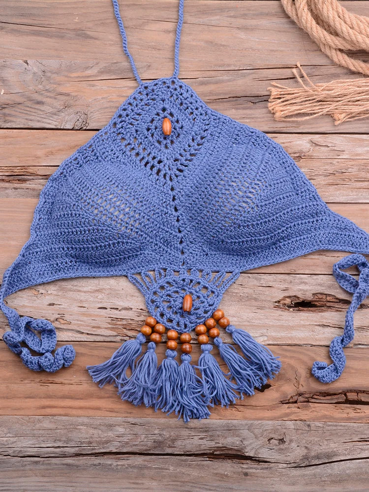 Bikini knitting Swimsuit Crochet Bikini Bohemia Style Off Shoulder High Neck Bathing Beach Bikinis Handmade Crochet Bikini