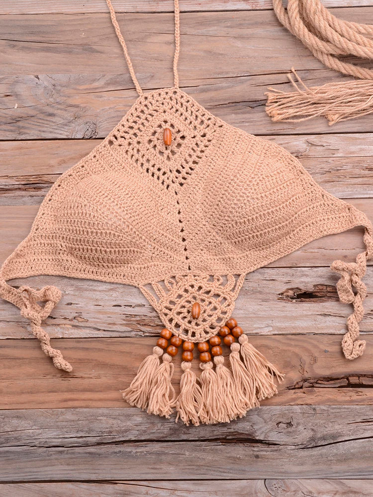 Bikini knitting Swimsuit Crochet Bikini Bohemia Style Off Shoulder High Neck Bathing Beach Bikinis Handmade Crochet Bikini