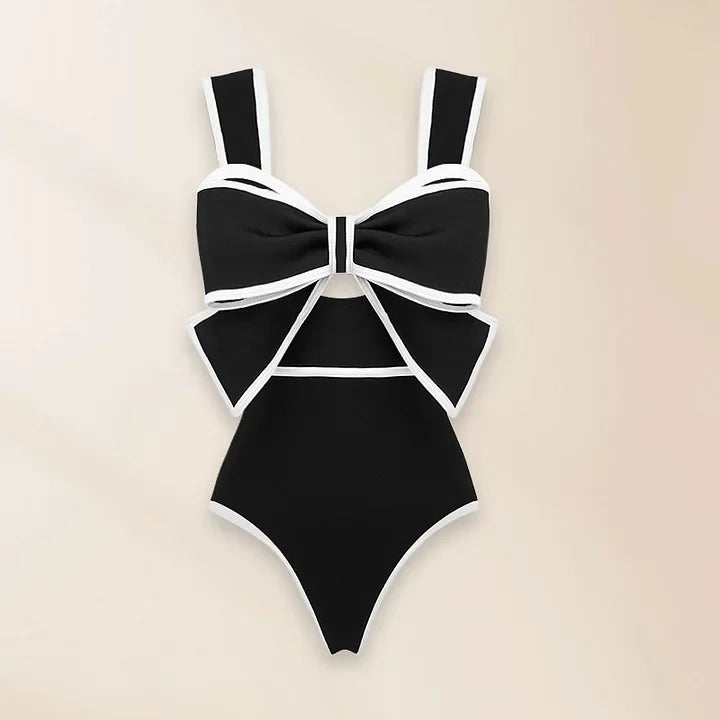 Bikini Set One Piece Swimsuit Swimwear Slim Fit Open-back Bow Design Bikini Dot Skirt