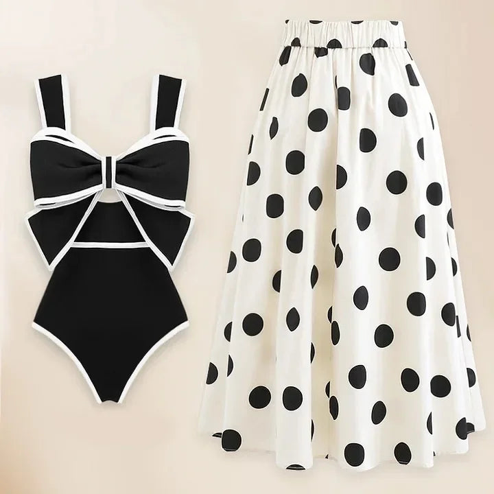 Bikini Set One Piece Swimsuit Swimwear Slim Fit Open-back Bow Design Bikini Dot Skirt