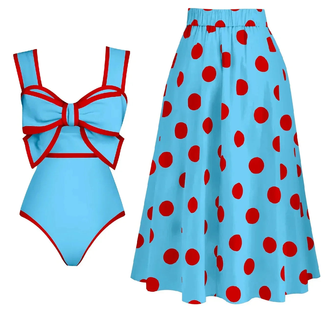 Bikini Set One Piece Swimsuit Swimwear Slim Fit Open-back Bow Design Bikini Dot Skirt