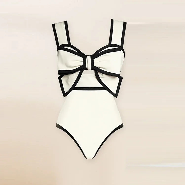 Bikini Set One Piece Swimsuit Swimwear Slim Fit Open-back Bow Design Bikini Dot Skirt