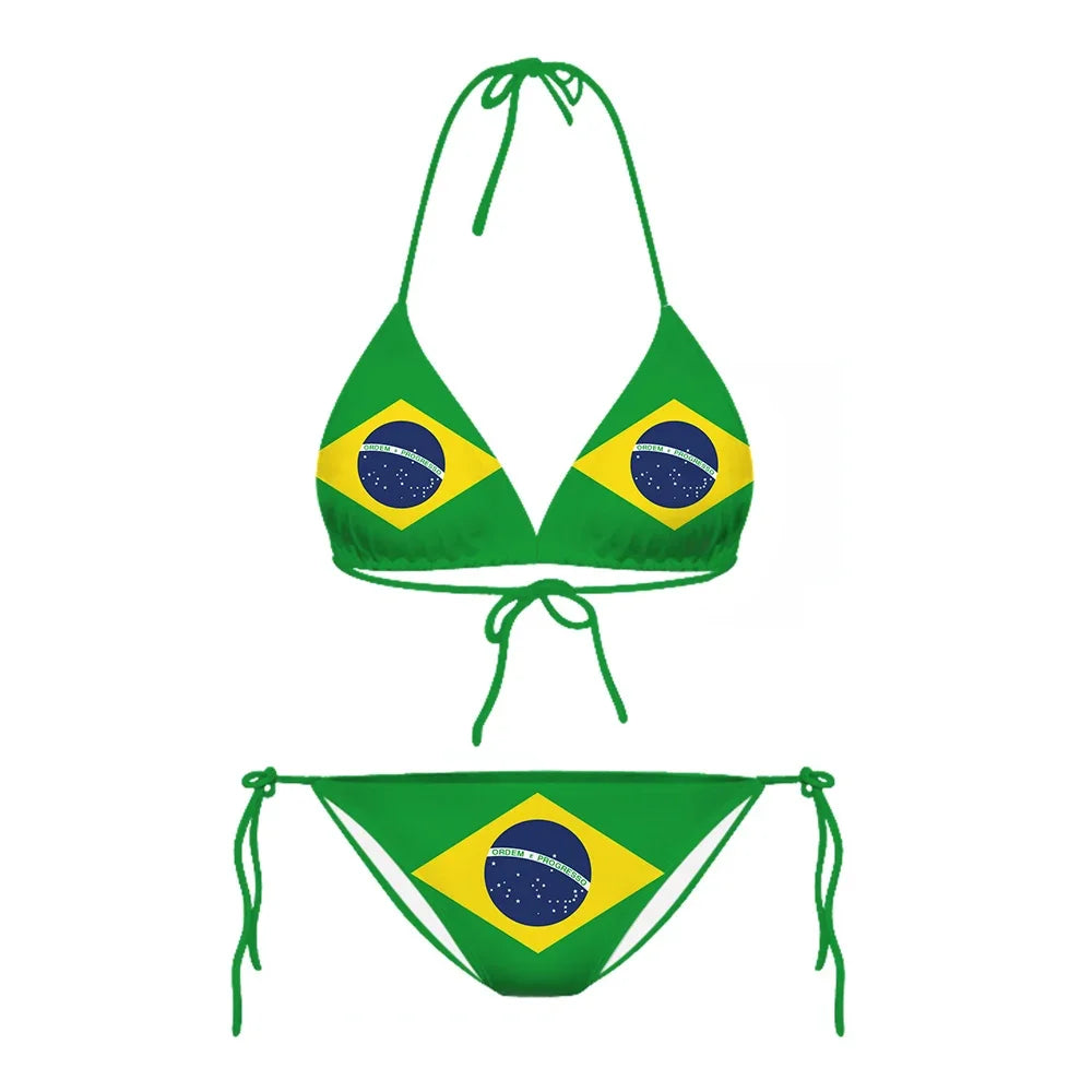 Brazil Flag Bikini Sets Sexy 3D Printed Swimsuit Beach Pool Vacation Adjustable Lacing Bikini Suits No Chest Pad