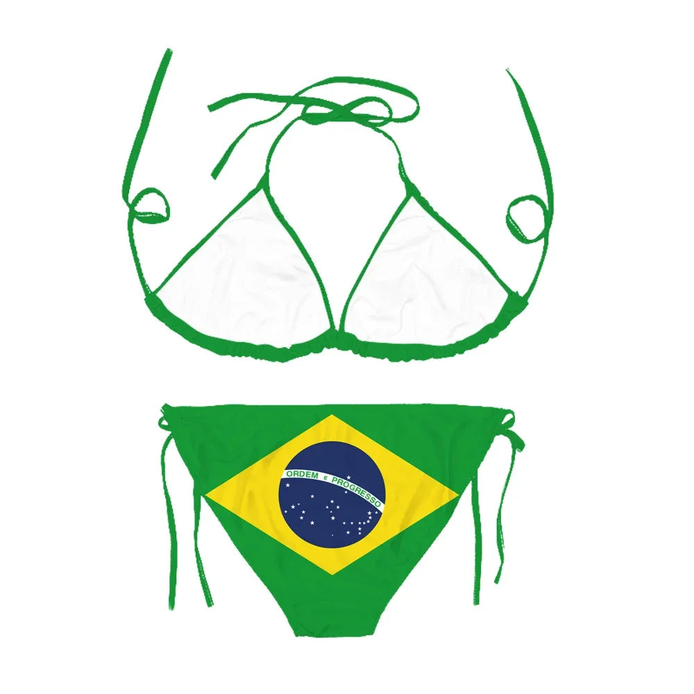 Brazil Flag Bikini Sets Sexy 3D Printed Swimsuit Beach Pool Vacation Adjustable Lacing Bikini Suits No Chest Pad