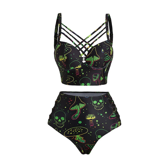 Bikinis Sets Galaxy Mushroom Skull Print Crisscross Beach Bikini Adjustable Spaghetti Strap Triangle Bottom Two Piece