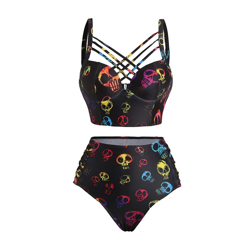 Bikinis Sets Galaxy Mushroom Skull Print Crisscross Beach Bikini Adjustable Spaghetti Strap Triangle Bottom Two Piece