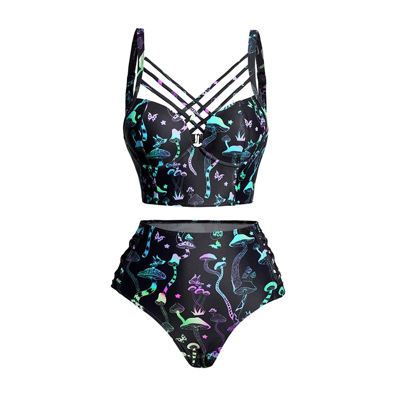 Bikinis Sets Galaxy Mushroom Skull Print Crisscross Beach Bikini Adjustable Spaghetti Strap Triangle Bottom Two Piece