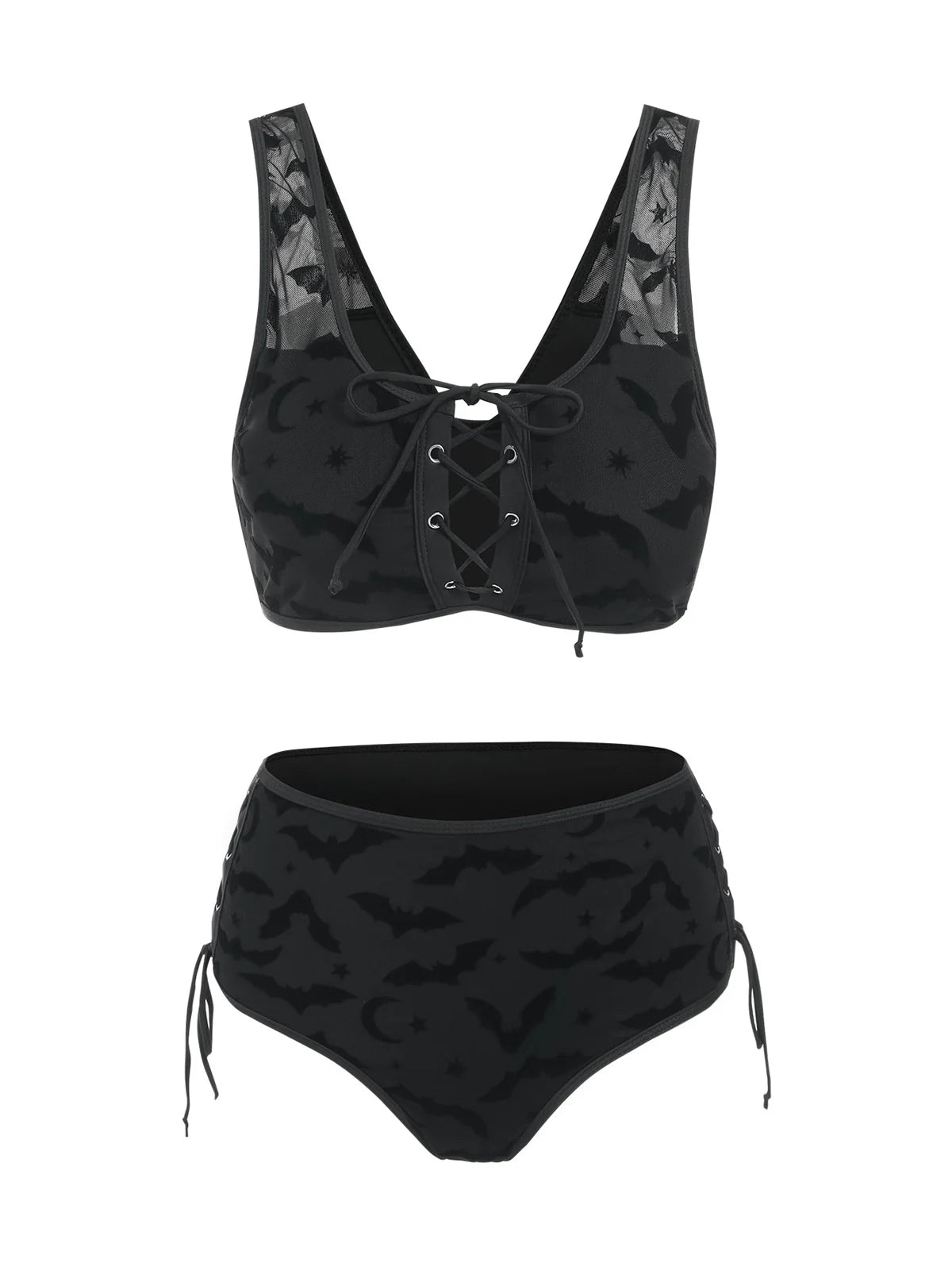 Gothic Bikini Swimsuit Bat Crescent Star Print Bathing Suit Cinched Mesh Lace Up Cut Out Swimwear Two Piece Set