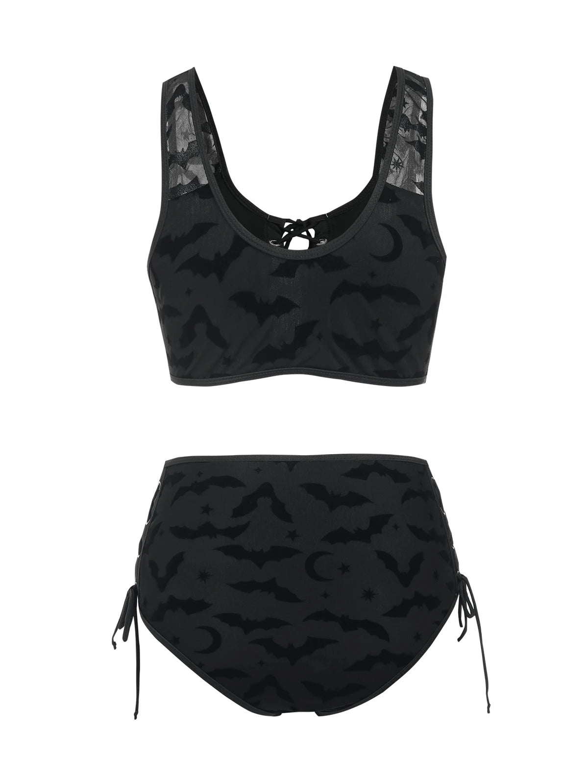 Gothic Bikini Swimsuit Bat Crescent Star Print Bathing Suit Cinched Mesh Lace Up Cut Out Swimwear Two Piece Set