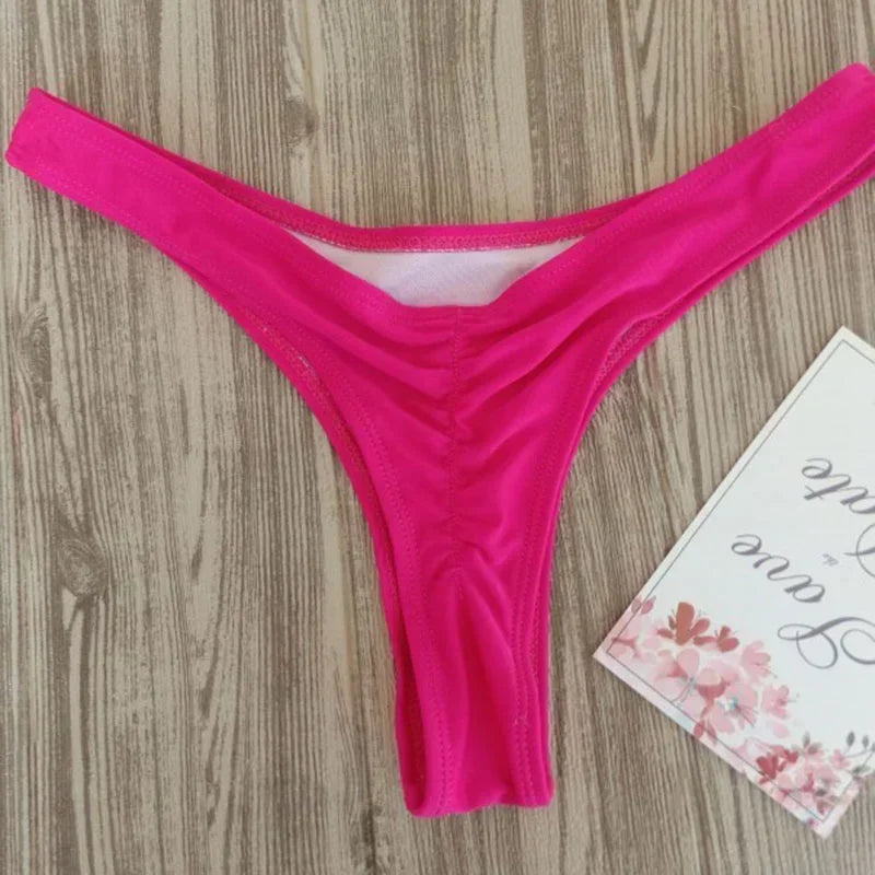 Sexy Thong Swimsuit Solid Color Pleated Thong Bikini Swimsuit Swimsuit