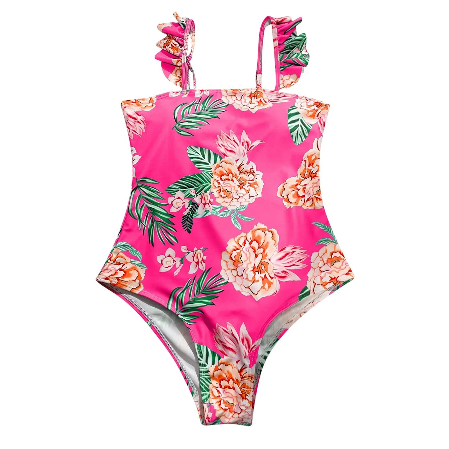 Ruffle Round Neck Suspenders Bathing Suits Printed Slim Fitting Swimwears One Pieces Bathing Suits Bikini