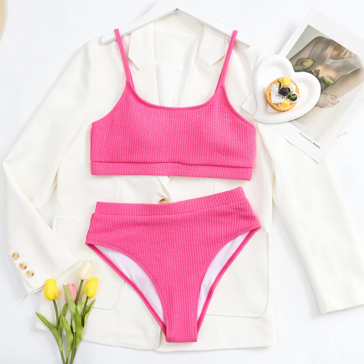 Female Swimming Suit Screw Thread Bikini Set 2 Pieces Sport Beach Suit Sport Bra with Triangle Shorts